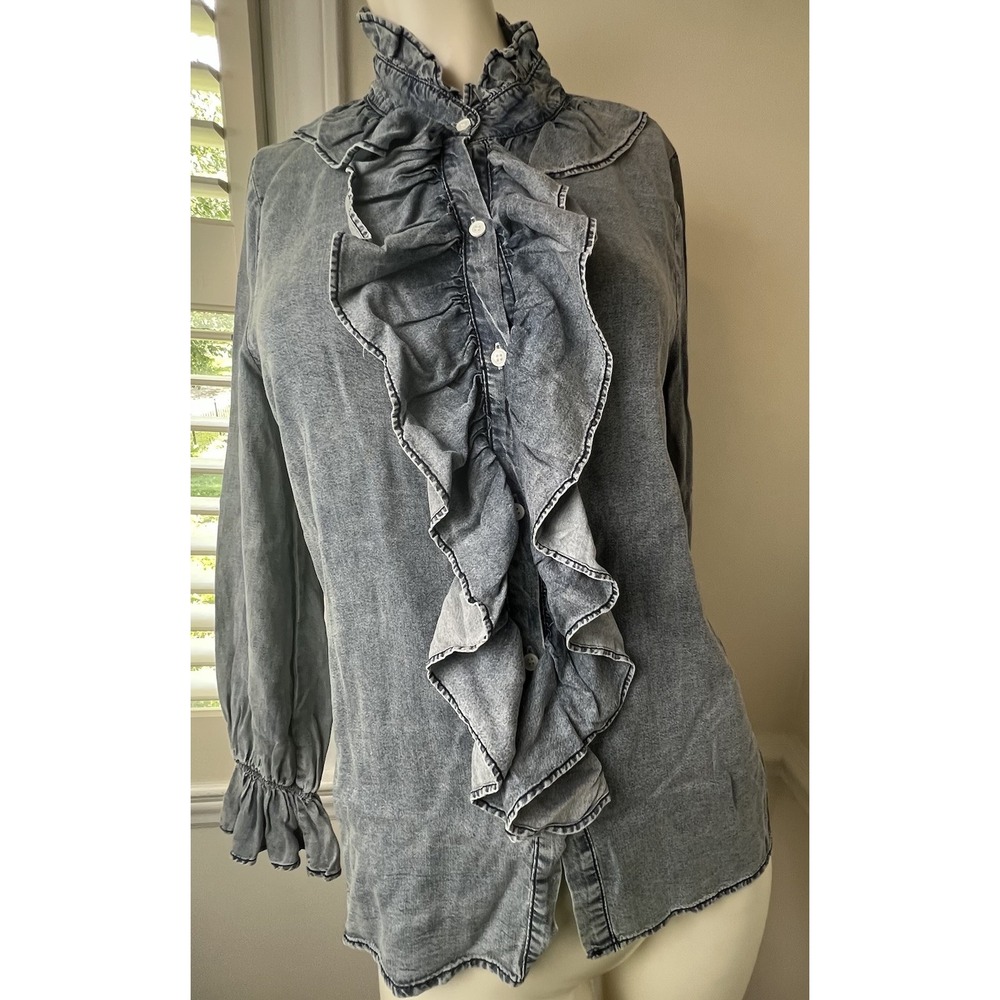 Collection by Cezele Ruffle Chambray Denim Button Front Shirt Women's Small